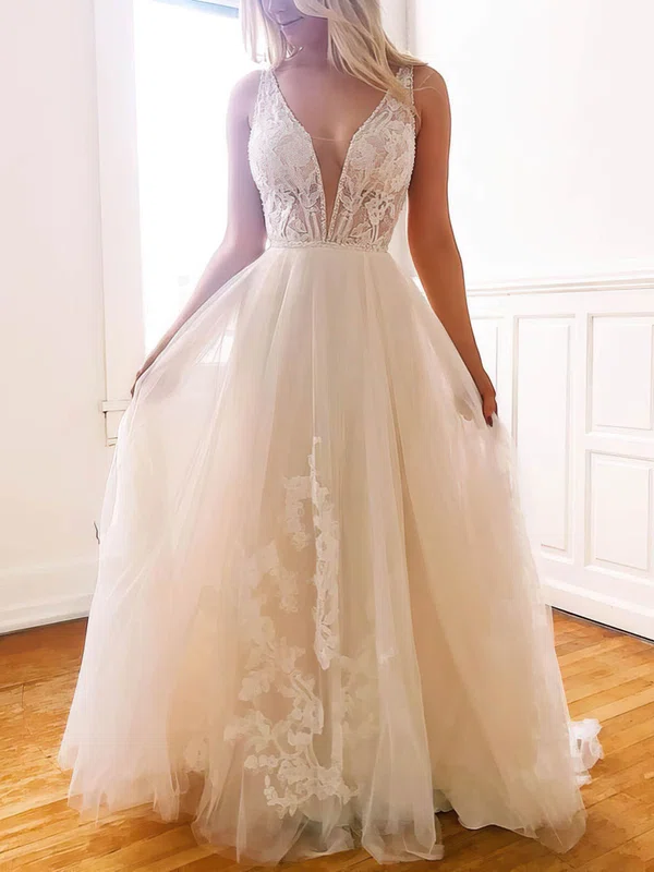 Ball Gown/Princess Sweep Train V-neck Lace Tulle Appliques Lace Prom Dresses #Milly020107568