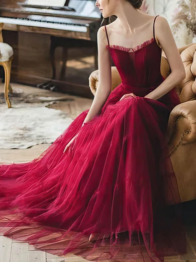A-line Square Neckline Tulle Sweep Train Sashes / Ribbons Prom Dresses #Milly020107569