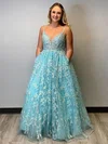 Ball Gown V-neck Tulle Sweep Train Appliques Lace Prom Dresses #Milly020107570