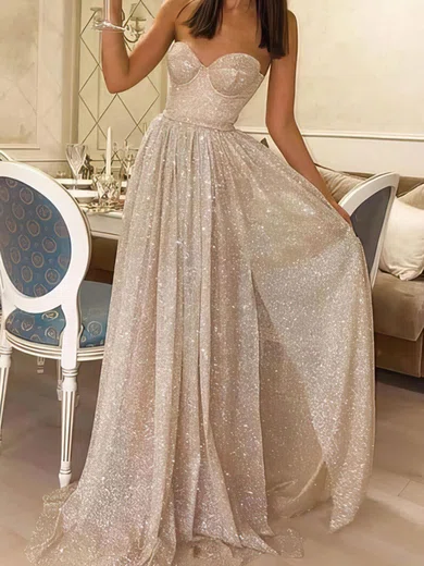 A-line Strapless Floor-length Glitter Prom Dresses With Split #Milly020107571