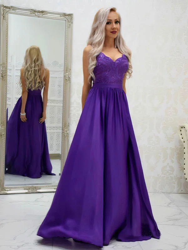 A-line V-neck Silk-like Satin Sweep Train Appliques Lace Prom Dresses #Milly020107574