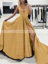 A-line V-neck Silk-like Satin Sweep Train Split Front Prom Dresses #Milly020107575