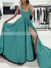 A-line V-neck Silk-like Satin Sweep Train Split Front Prom Dresses #Milly020107575