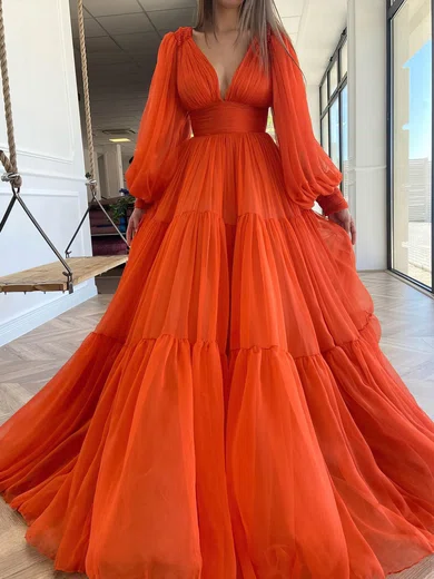 A-line V-neck Chiffon Sweep Train Ruffles Prom Dresses Sale #sale020107576