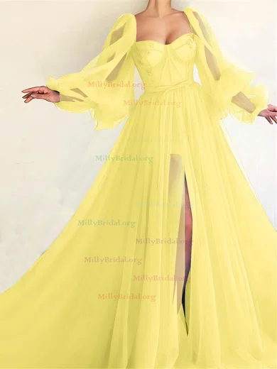 Sweetheart Ball Gown Yellow Tulle Beading Prom Dress
