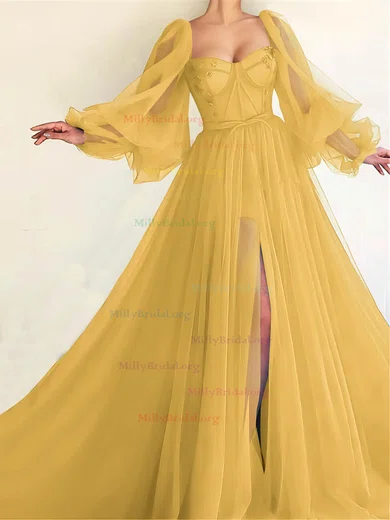 Sweetheart Ball Gown Yellow Tulle Beading Prom Dress
