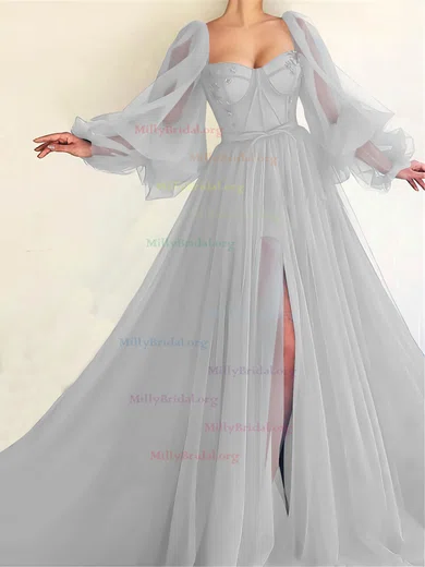 Gray Long Sleeve Tulle Beading Prom Dress Gray Long Sleeve Tulle Beading Prom Dress