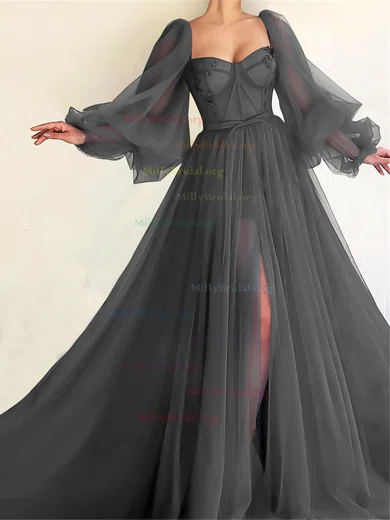 Gray Long Sleeve Tulle Beading Prom Dress Gray Long Sleeve Tulle Beading Prom Dress