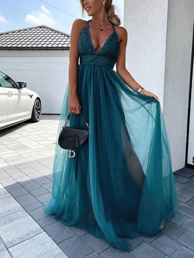 A-line V-neck Tulle Sweep Train Split Front Prom Dresses #Milly020107578