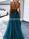 A-line V-neck Tulle Sweep Train Split Front Prom Dresses #Milly020107578