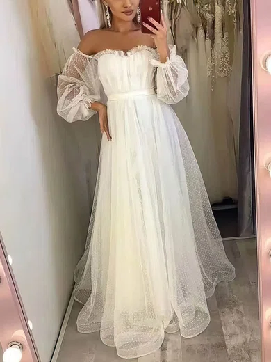 Ball Gown/Princess Floor-length Off-the-shoulder Tulle Sashes / Ribbons Prom Dresses #Milly020107585