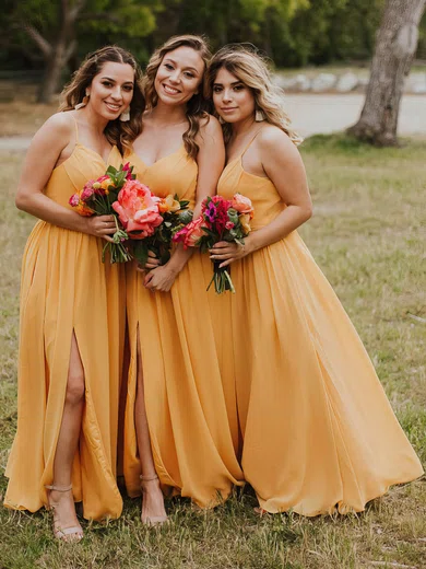 A-line V-neck Chiffon Floor-length Split Front Bridesmaid Dresses #Milly01014159