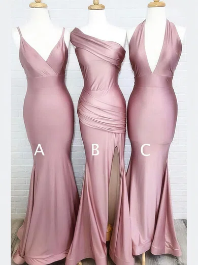Sheath/Column V-neck Jersey Sweep Train Bridesmaid Dresses #Milly01014160