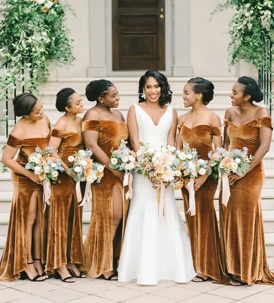 Sheath/Column Off-the-shoulder Velvet Sweep Train Split Front Bridesmaid Dresses #Milly01014166