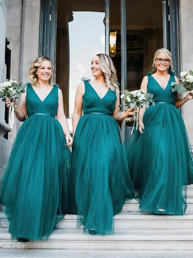 A-line V-neck Tulle Sweep Train Sashes / Ribbons Bridesmaid Dresses #Milly01014167