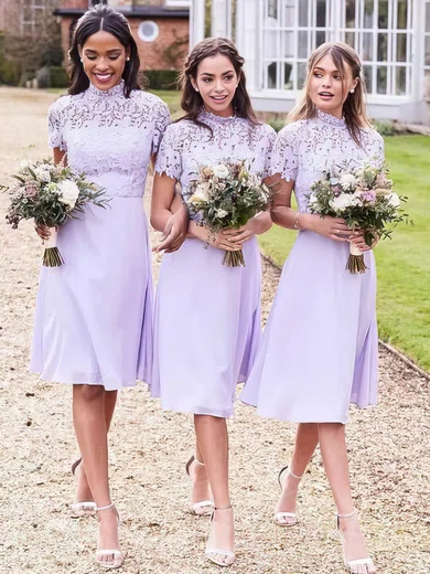 A-line High Neck Chiffon Knee-length Appliques Lace Bridesmaid Dresses #Milly01014181