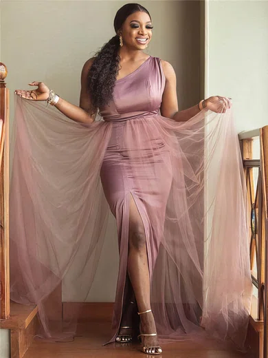 A-line One Shoulder Tulle Sweep Train Split Front Bridesmaid Dresses #Milly01014185