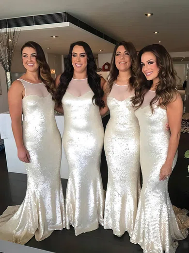 Trumpet/Mermaid Scoop Neck Sequined Sweep Train Bridesmaid Dresses #Milly01014186