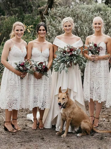 A-line V-neck Lace Tea-length Bridesmaid Dresses #Milly01014187