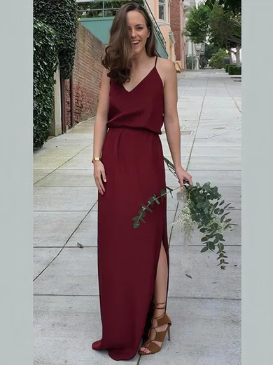 A-line V-neck Silk-like Satin Sweep Train Split Front Bridesmaid Dresses #Milly01014188