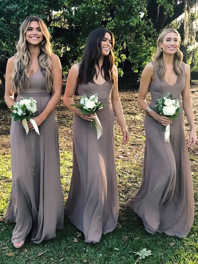 A-line V-neck Chiffon Sweep Train Bridesmaid Dresses #Milly01014191