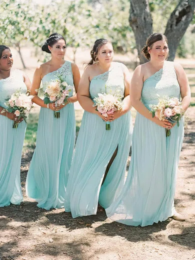 A-line One Shoulder Chiffon Floor-length Appliques Lace Bridesmaid Dresses #Milly01014196