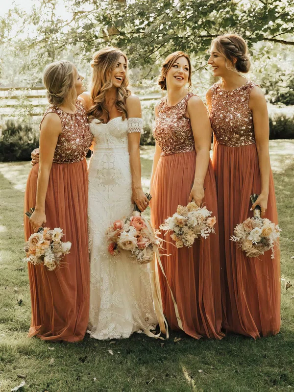 A-line Scoop Neck Tulle Glitter Floor-length Bridesmaid Dresses #Milly01014197