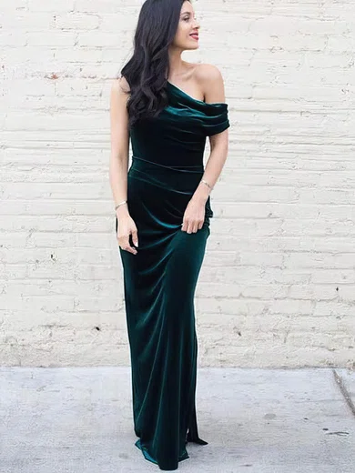 Sheath/Column One Shoulder Velvet Sweep Train Bridesmaid Dresses #Milly01014199