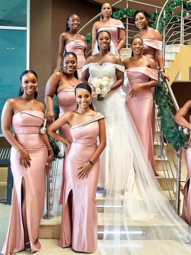 Trumpet/Mermaid One Shoulder Silk-like Satin Sweep Train Split Front Bridesmaid Dresses #Milly01014204
