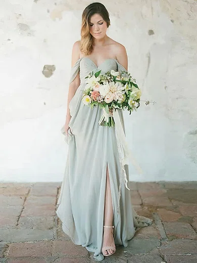 A-line Off-the-shoulder Chiffon Sweep Train Ruffles Bridesmaid Dresses #Milly01014213