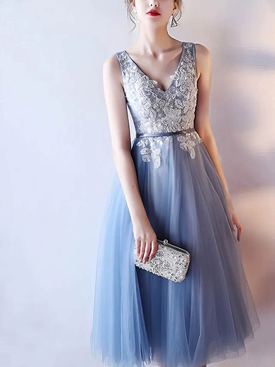 A-line V-neck Tulle Tea-length Appliques Lace Bridesmaid Dresses #Milly01014214