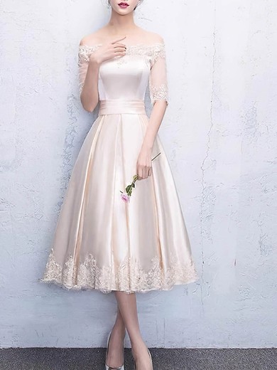 A-line Off-the-shoulder Silk-like Satin Tea-length Appliques Lace Bridesmaid Dresses #Milly01014221