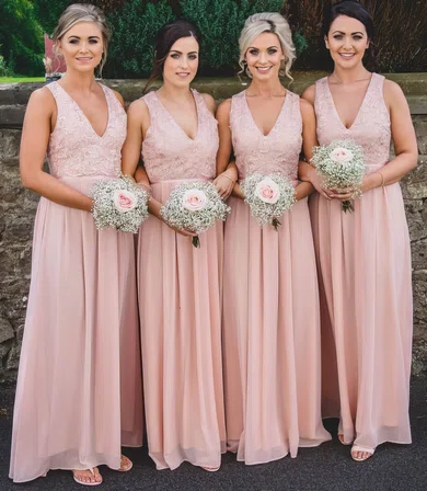 A-line V-neck Chiffon Floor-length Appliques Lace Bridesmaid Dresses #Milly01014227