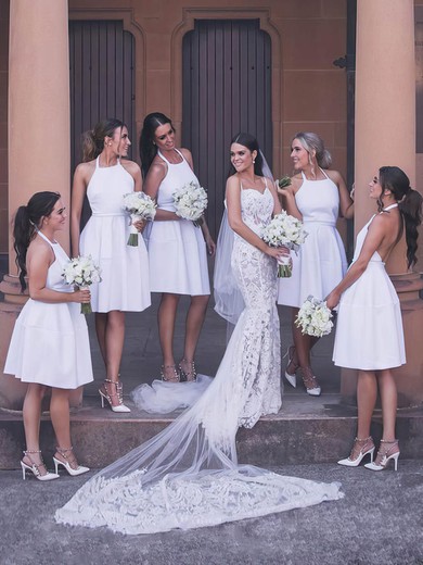 A-line Halter Satin Knee-length Bridesmaid Dresses #Milly01014230