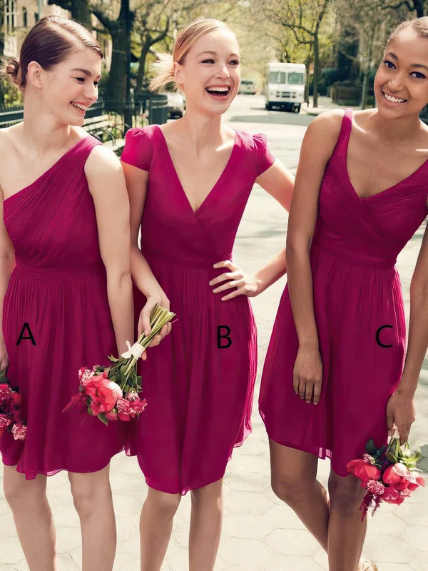 A-line V-neck Chiffon Knee-length Ruffles Bridesmaid Dresses #Milly01014232