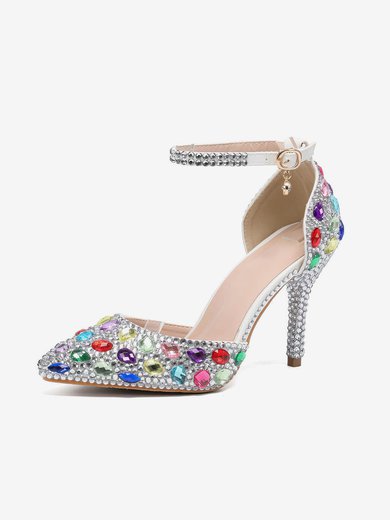 Women's Closed Toe Stiletto Heel PVC Rhinestone Wedding Shoes #Milly03030951