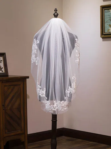 Elbow Bridal Veils One-tier Lace Applique Edge Sequin Cascade #Milly03010180