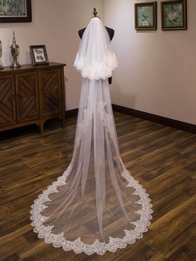 Chapel Bridal Veils Two-tier Lace Applique Edge Sequin Oval #Milly03010186
