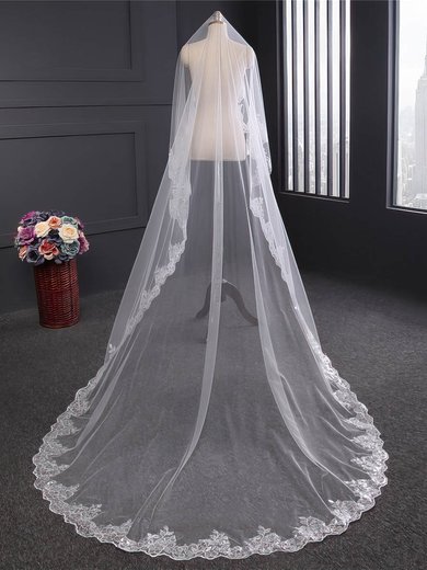 Cathedral Bridal Veils One-tier Lace Applique Edge Sequin Oval #Milly03010214