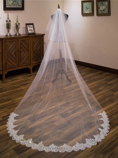 Cathedral Bridal Veils Two-tier Lace Applique Edge Beading Oval #Milly03010215