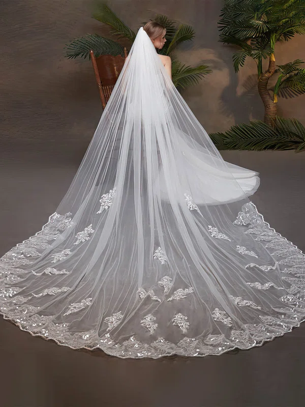 Chapel Bridal Veils One-tier Lace Applique Edge Sequin Classic #Milly03010217