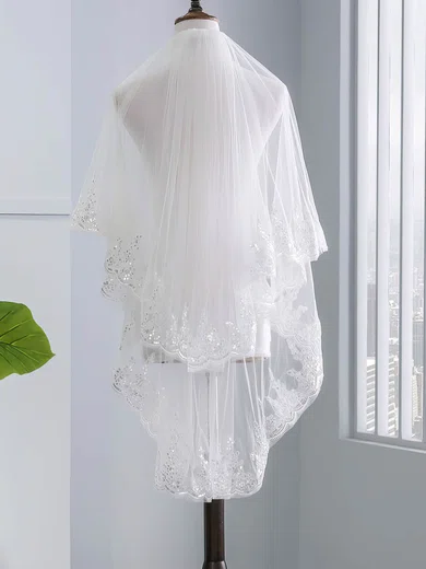 Fingertip Bridal Veils Two-tier Lace Applique Edge Sequin Classic #Milly03010220