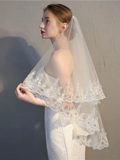 Fingertip Bridal Veils Two-tier Lace Applique Edge Sequin Classic #Milly03010243