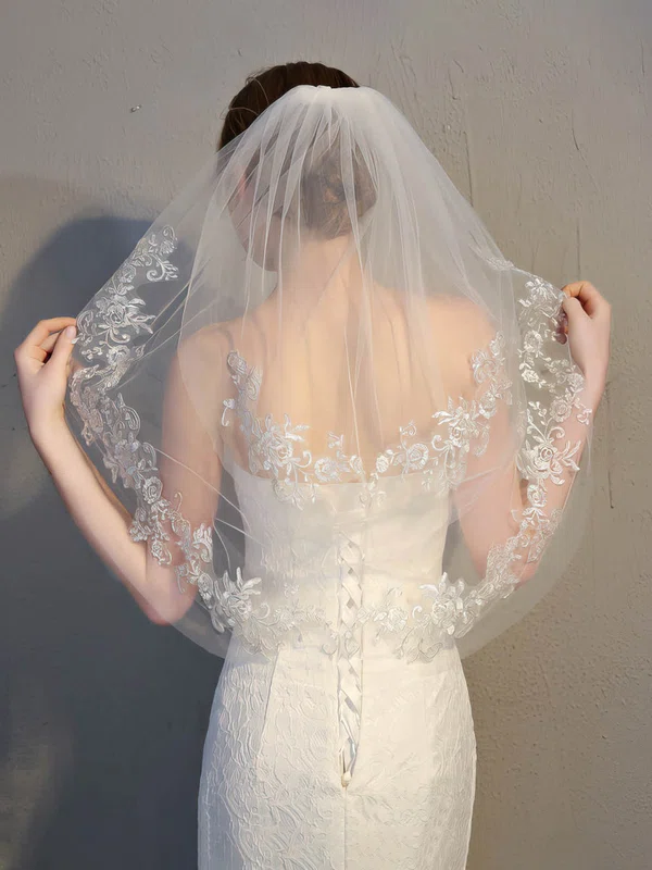 Elbow Bridal Veils Two-tier Lace Applique Edge Classic #Milly03010246