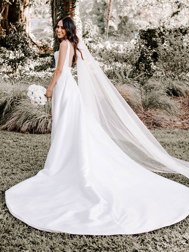A-line Square Neckline Satin Court Train Wedding Dresses With Beading #Milly00024053