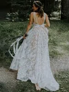 A-line V-neck Tulle Sweep Train Wedding Dresses With Appliques Lace #Milly00024054