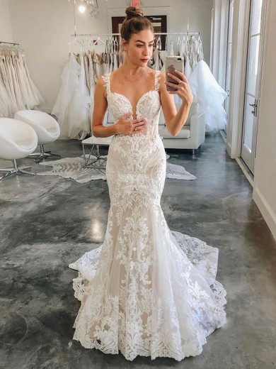 Trumpet/Mermaid V-neck Tulle Sweep Train Appliques Lace Wedding Dresses #Milly00024055