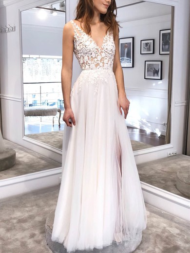 Ball Gown V-neck Tulle Floor-length Wedding Dresses With Split Front #Milly00024060