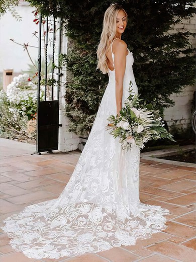 A-line V-neck Lace Sweep Train Wedding Dresses #Milly00024065