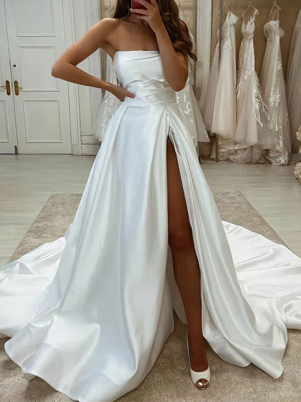 A-line Strapless Satin Court Train Split Front Wedding Dresses #Milly00024076